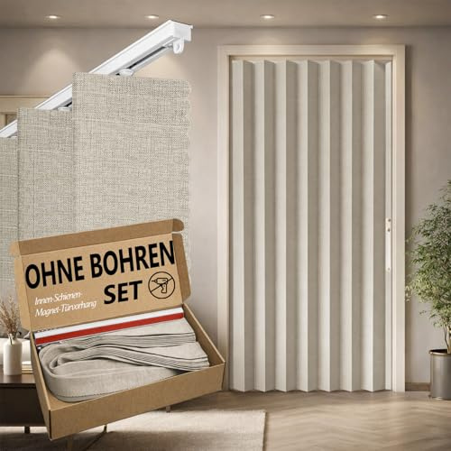 Jilron 100% Blickdichter Türvorhang – Faltbarer Akordion-Stil mit Magnetverschluss, Klebemontage ohne Bohren, inkl. Klebeschiene, Verdunkelung & Windschutz,Cremeweiß, H201 x B106 cm