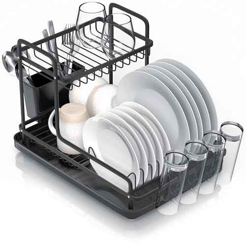 Arendo - Abtropfgestell Geschirr - Geschirrständer für die Küchentheke – Abtropfschale Besteckhalter – 4 x Becherhalter/Glashalter – 10 Tellerhalter – 2 Ebenen