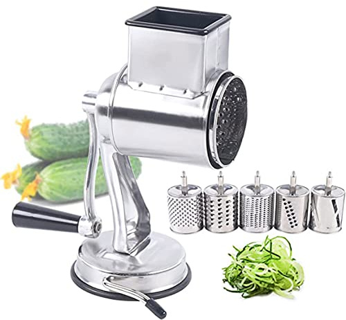 Ryanong Manual Rotary Cheese Grater, Stainless Steel Rotary High-Efficiency Vegetable Slicer, with 5 Different Roller Blades, for Potato, Onion, Cucumber and Carrot Onion