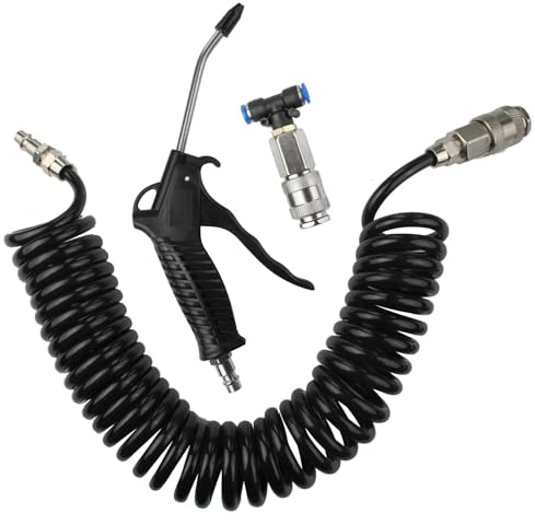 LxsNyvantic Ausblaspistole Set mit 5 m Spiralschlauch, Druckluftpistole schwarz mit 150 mm Edelstahldüse, PPS-Dichtventil, Doppel-Aufhänger & Schnellkupplung, für PC-Gehäuse Auto Möbel Luftreinigung