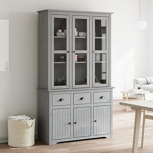 QJBSAVVA Highboard BODO Grau 200,5 cm Kiefer Massivholz mit Glastüren und Metallgriffen Sideboard Wohnzimmer Landhausstil für Living Room Esszimmer Flur