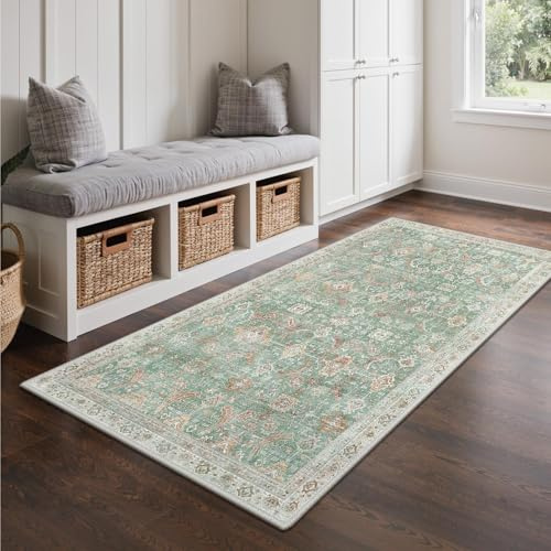 GENIMO Vintage Läufer Flur Teppich 80x150 cm Waschbar Sanftes Salbeigrün | Boho Orientteppich, Rutschfest Kurzflor Weich Carpet, Teppiche läufer für Küche, Treppe, Balkon, Wohnzimmer