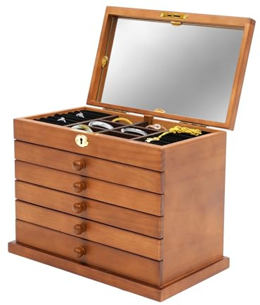 Schmuckkästchen aus Holz, mit Schloss und Schlüssel, Spiegel, Organizer für Schmuck, Vintage, aus Samt, abnehmbar, zur Aufbewahrung von Anhängern, Armbändern, Halsketten, Ringen und anderen