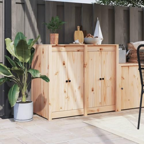 QJBSAVVA Outdoor Küchenschrank Kiefer Massivholz 106 x 55 x 92 cm, unbehandelt, modularer Gartenschrank mit viel Stauraum und robuster Arbeitsplatte für Balkon, Terrasse, Campingküche