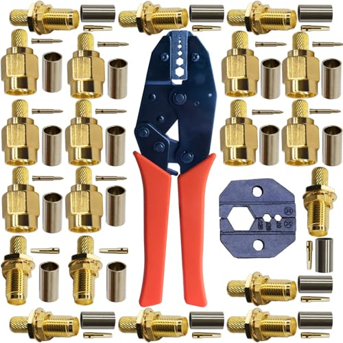 SMA Stecker und Crimpzangen Set: 20 Stück RG58 SMA Crimpstecker (10 Männlich & 10 Weiblich) mit Koaxial-Crimpzange und austauschbarer Matrize für DIY WLAN Antennen, TV, Satellit, GPS, Router