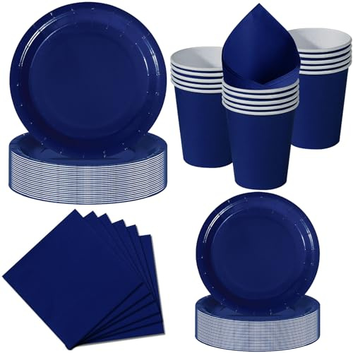 Nkaiso 50 Piece Navy Blue Paper Plates and Napkins Set for 10 Guests | Party Tableware Set with 10x 9 & 10x 7 Inch Round Disposable Paper Plates, 10x Cups, 20x Napkins for Birthday BBQ Anniversary