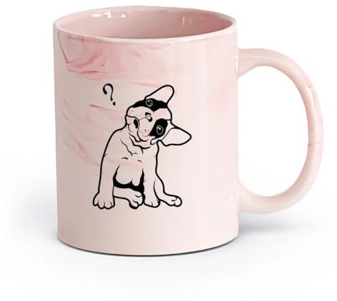 AYUEHBN Keramik Keramiktassen mit Henkel Französische Bulldogge, süßer Welpe, Haustier, Fragezeichen （11oz/320ml） Für Kaffee, Haferflocken, Tee, Leicht zu reinigen Marmorrosa