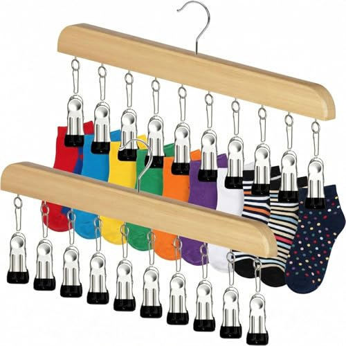 Dwitkul 2 Piezas Perchas Tendedero Secador de Calcetines de Madera Maciza Diseño Silicona Antiviento con 10 Clips para Calcetines Ropa Interior Sostenes Toallas y Accesorios de Artículos Pequeños