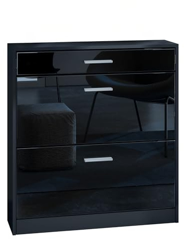 InnoFurn Schuhschrank Roma Schmal mit 2 Klappen und 1 Schublade, Platzsparender Schuhkipper Flurschrank für Diele Flur Garderobe, Schwarz/Schwarz Hochglanz (89 x 95,5 x 23 cm)