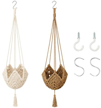 Domefahaso 2 macramé Tejido a Mano colgadores de Plantas para Interior | Trenzado de algodón finamente trabajado, soporte colgante elegante y compacto para plantas de interior.