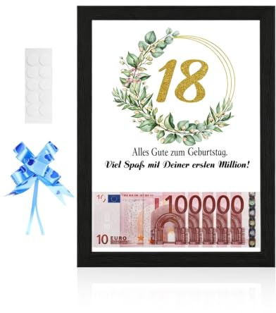 LWLWA Bilderrahmen Schwarz, Goldene Zahl 18 als Hintergrundmotiv, Holz | Bilderrahmen Quadratisch Zum Thema Deine Erste Million, Witzige 18 Geburtstag Geldgeschenk, Perfekt als Geburtstagsgeschenk