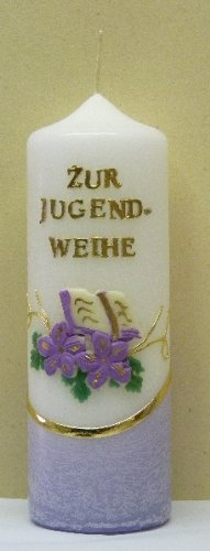 netsells handverzierte Kerze Zur Jugendweihe * farb. Wachsauflagen * Farbiger Kerzenfuß * 6 x 18 cm * lila (#009)