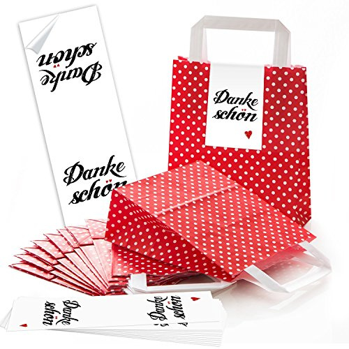 Logbuch-Verlag 10 kleine rote Danke Geschenk Papiertaschen 18 x 8 x 22 cm mit Banderole Dankeschon weiß gepunktet für Gäste und Kunden