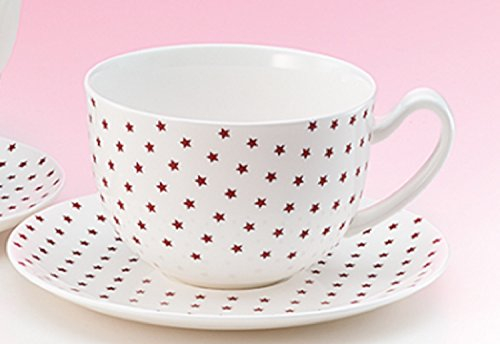 Jumbotasse mit Unterteller Stars Sterne 500 ml feines Porzellan weiß weinrot