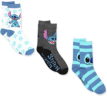 Disney Lilo & Stitch Crew-Socken für Damen, 3er-Pack (Jugendliche/Erwachsene), Stitch Weiß/Blau, L