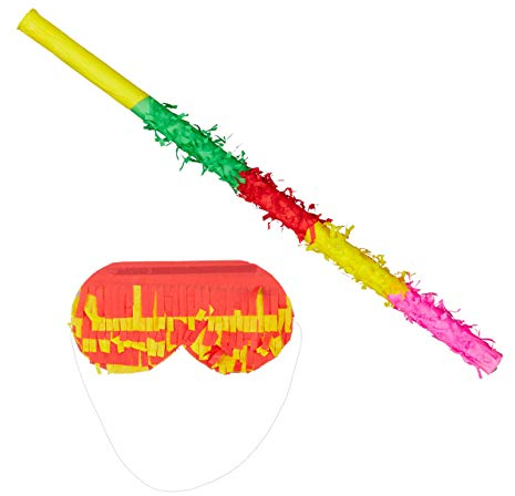 Relaxdays Zubehör Set, Stock und Maske, Kinder & Erwachsene, Pinata Stab mit Augenbinde, Papier, 50 cm lang, bunt, 1 Stück, 10022573