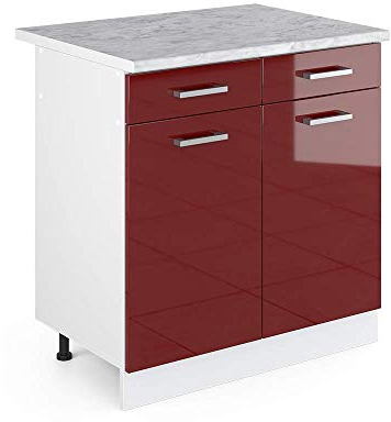 Vicco Küchenunterschrank R-Line, Bordeaux Hochglanz/Weiß, 80 cm, AP Marmor