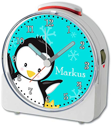 CreaDesign, WU-71-1121-13, Pinguin Türkis, analog Kinderwecker weiß, Funkwecker mit Sweep-Uhrwerk und fluoreszierenden Zeiger und Licht, personlisiert mit Namen, 10,2 x 4,6 x 11 cm