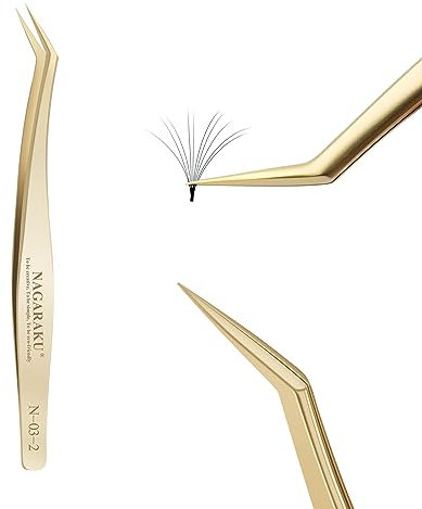 NAGARAKU Pince Cils Greffage Pince à Épiler Précision à Pointe Professionnelle Or Acier Inoxydable Légère Curved Volume Lash Tweezer pour Cils En Éventail Et Cils Individuels (Golden Feather N-03-2)