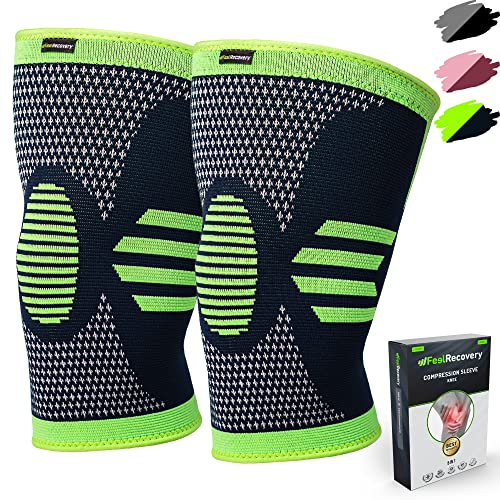 Feel Recovery 2 Stück Kniebandage für Herren & Damen - Kompression Kniestütze Sport für Knieschmerzen - Kniebandage für Arthrose & Meniskus - Atmungsaktiv & Rutschfest (XL, Grün)