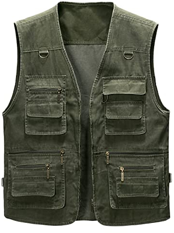 Oralidera Herren Outdoor Weste Freizeit Jacke Leicht Safari Weste mit Reißverschluss Jagd und Angler Fotografie Wandern Weste Anglerweste mit Vielen Taschen, Grün, XXL