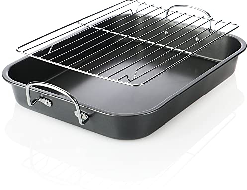 COM-FOUR® 2-teilige Braten- und Backform - Bräter mit Antihaft-Beschichtung, Gitterrost und Haltegriffen - Auflaufform mit hohem Rand (anthrazit - 2-teilig)