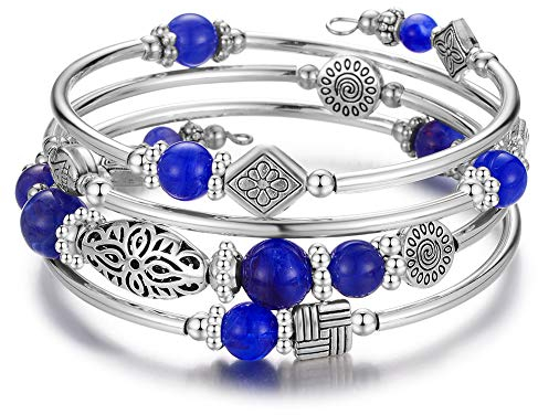 Bulinlin Damen Wickelarmband aus Natur Achat Stein Mehrschichtiges Perlen Silber Armkette Valentinstag Modeschmuck Geschenk(Sapphire blue)