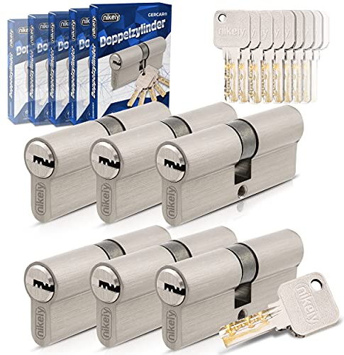 GERCAR Pro Gleichschließend 6x Schließzylinder 45/45 Set 6 Profilzylinder inkl. 30 Schlüssel - 90 mm Türschloss Zylinderschloss 6er Zylinder - Länge: 90mm, A:45 B:45 - Messing matt massiv