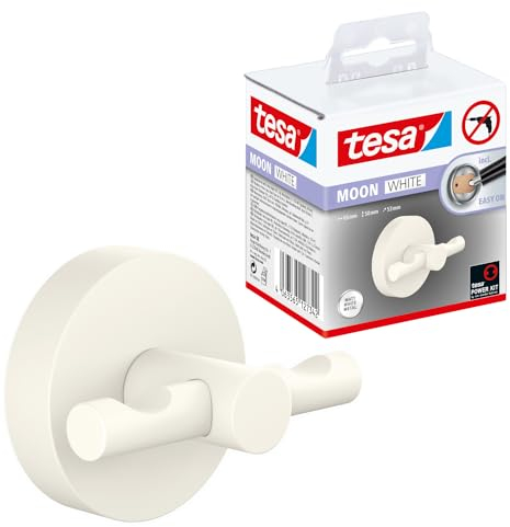 Tesa MOON WHITE Gancio per Accappatoio - Per bagni in stile industriale e moderno - Senza foratura, soluzione adesiva inclusa - 50 mm x 65 mm x 53 mm - Bianco opaco