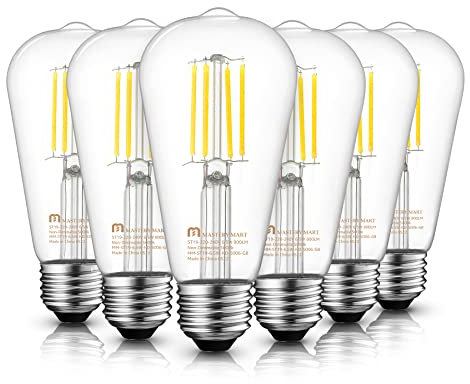 MASTERY MART E27 Vintage Light Bulbs, Non-Dimmable, 5000K Daylight White, 6.5W 60W Equivalent, Glass ST64 Filament LED Bulb, Edison Screw Cap, 15000 Hours, 800 Lumens, Pack of 6