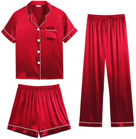 SWOMOG Damen Pyjama Set aus Seidensatin 3-teilig Button Down Pyjama Set kurzärmelig Nachtwäsche Loungewear Pyjamas Nachtwäsche Rot Small
