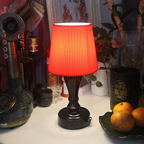 LANMOU LED Touch Tischlampe Kabellose Vintage, Aufladbar Akku Tischleuchte Schwarz, 3000K Dimmbare Nachttischlampe Retro Mit Rot Stoff Lampenschirm, 3 Helligkeit, 2500-mAh-Batterie