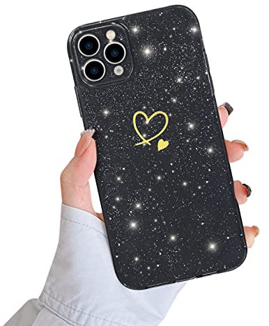 Newseego Glitter Case Compatible with iPhone 11 Pro Max Case Girls Women, Sparkly Bling Cute Golden Heart Pattern Design Case Soft Silicone Shockproof Protective Cover for iPhone 11 Pro Max-Black