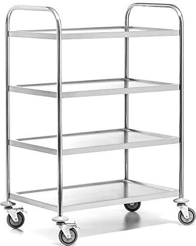 Forgast Edelstahl Servierwagen | 4 Regale, Böden | 84x53x125cm | Transportwagen |Küchenwagen auf Rollen | Stahlgestell für Restaurant, Hotel, Schul