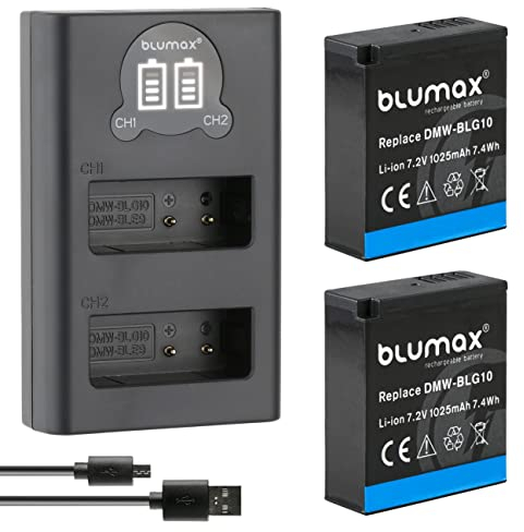 Blumax DMW BLG10e Lot de 2 batteries 1025 mAh + chargeur fin double LCD – Compatible avec Panasonic Lumix DC-TZ95D DC-GX9 TZ202 TZ91 DMC TZ101 TZ81 GF6 GX7 GX80 LX100 G110