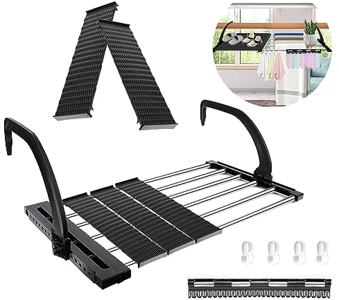 62-110cm Tendedero Balcon Plegable Extensible Ajustable Con 5 Tablero,Colgar Calcetines Ropa en Baño Pared de Acero Inoxidable, Secado Toallas pequeñas Coladas Barandilla Terraza Interior y Exterior