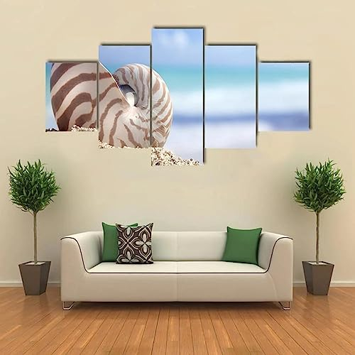 Impression sur Toile intissee 5 Parties Tableau Tableaux Decoration Murale Photo Image Artistique Photographie Graphique,tableau 5 parties Coquille de nautile sur la plage cadre,tableau xxl 200x100cm