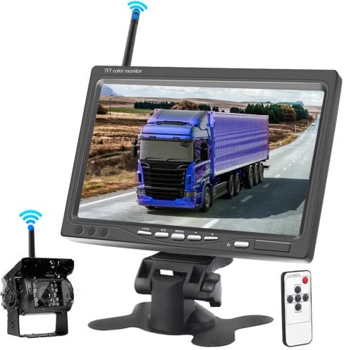 Wireless Rear View Camera and 7 Inch HD Monitor Kit, Hodozzy Car Reversing Camera Wireless Vehicles Parking Assist System, Night Vision Waterproof Ca-mera for Trailer, Bus, Truck, Motorhome, 12V-36V