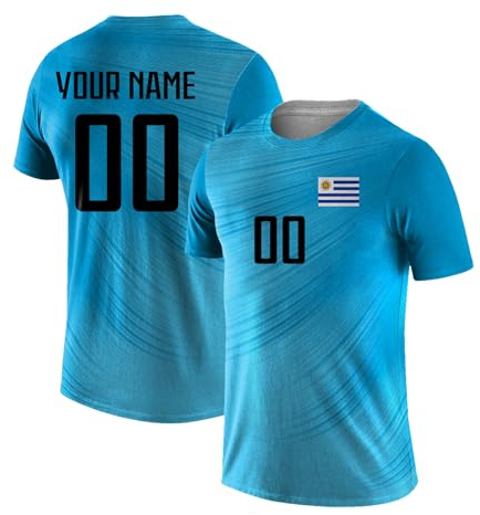 Yolovi Personalisiertes Fussballtrikot mit Namen Nummer Drucken Nationalflagge Sport Casual Trikots Fussballshirts für Herren Damen Jugendliche Uruguay
