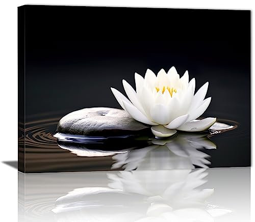 GLOKAKA Zen White Lotus Flower Wall Art Black and White Lotus on Spa Stone and Water Picture Canvas Print Artwork for Yoga Meditation Room Bathroom Wall Decor