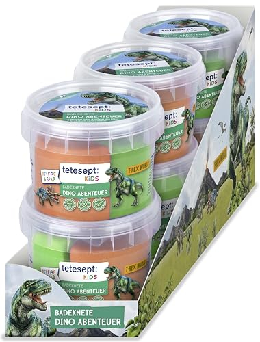 tetesept KIDS Badeknete Dino Abenteuer | 6 x 100 g | Bunte Knetmasse mit lustigen Kulleraugen für Dinosaurier zum Spielen und Waschen – Formbare Knete wiederverwendbar