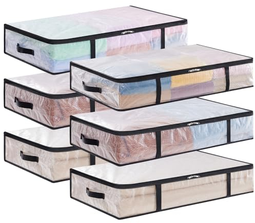 Lifewit 6 Stück Transparente Plastik Unterbett Aufbewahrungstasche, 60L Unterbettkommode Aufbewahrungsbox mit Decke Aufbewahrungstasche Kleidung mit Verstärktem Griff für Bettdecken, Kleidung, Decke