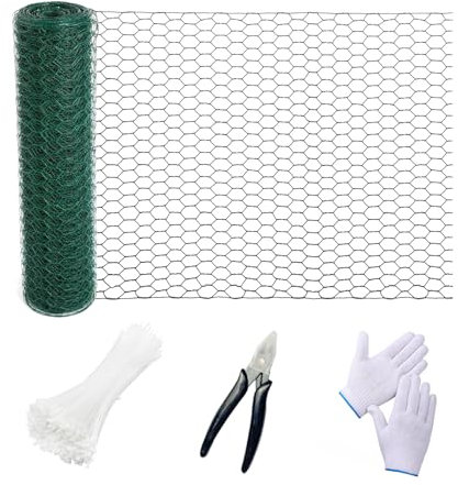 Tezuyok Malla de alambre de pollo, malla hexagonal galvanizada de 13.78 x 118 pulgadas, valla de aves de corral de jardín con guantes, bridas de alambre y alicates