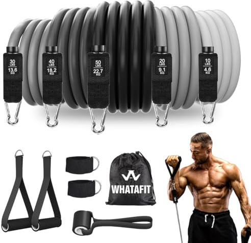 WHATAFIT 11er Widerstandsbänder Set, Fitnessbänder, Gymnastikband, Theraband, Terrabänder, Resistance Bands, Fitnessgeräte für Zuhause mit Zubehör für Physiotherapie & Heimtraining