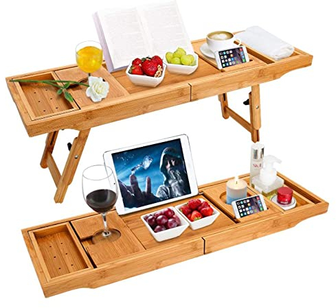 Badewannenablage Bambus mit Handtuchablage, Badewannentisch, Badewannentablett Ausziehbar, Badewannenständer, Bücherhalter Bad. (75-109cm*23 * 4.5cm Holzfarbe)