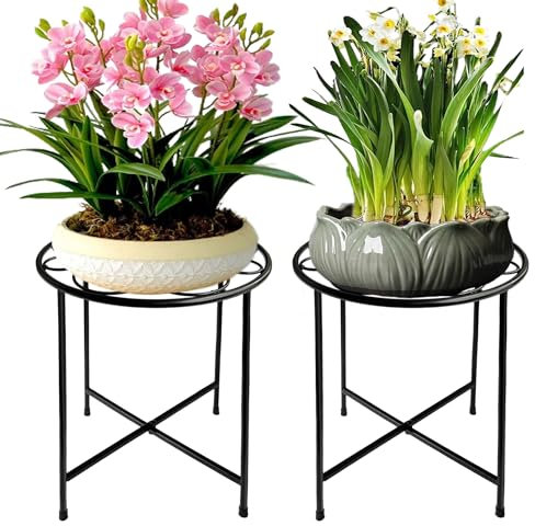 ZEECER Plant Stand Outdoor, 15'' Tall Plant Stand Indoor, Retro Design Round Rust-proof Coated Metal Pot Flower Stands for Indoor Plants Patio Garden Home Decor Black 2 Pack
