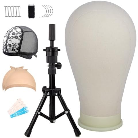 SHOWSHINE Wig Stand - 23 Inch Canvas Head, Foam Head Mannequin, Clamp Base - Wig Caps & Pin Set
