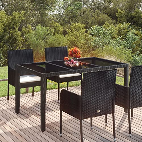 ARKEM Table de Jardin Dessus en Verre Noir 150x90x75cm Résine tressée,Plateau de Bureau en Bois Massif,Table Basse Bois Massif