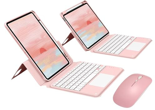 Funda con Teclado para iPad Pro 12,9 Pulgadas 2022/2021/2020/2018 (6.ª/5.ª/4.ª/3.ª Gen), Español Ñ Teclado Bluetooth Inalámbrico con Cubierta Trasera Transparente Desmontable y Ratón, Rosa