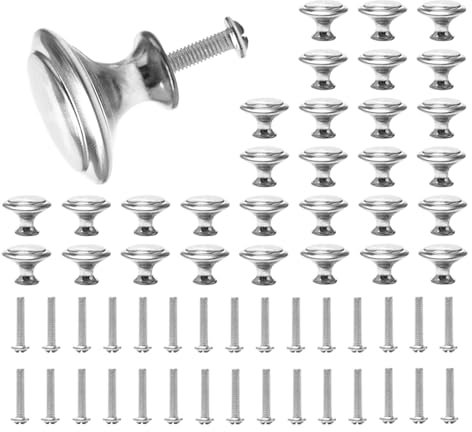 Rebanky 30 Pièces Bouton de Meuble Rond Argent de Porte Cuisine Inox Brossé 30 mm Boutons Porte Placard Cuisine Argenté avec 30 Vis Bouton de Tiroir pour Armoire, Armoires à Portes, Meubles